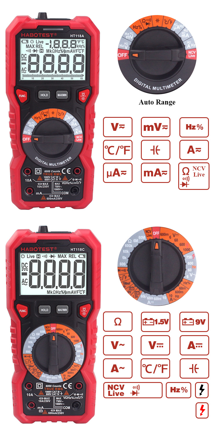 Habotes HT118 AC DC Tester Meter Auto Range Digital Multimeter Voltmeter with Resistance Frequency T-RMS