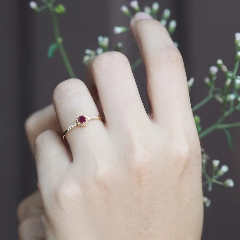 Gift Sterling Silver Natural Ruby Hexagon Minimal Engagement Ring Dainty Unique