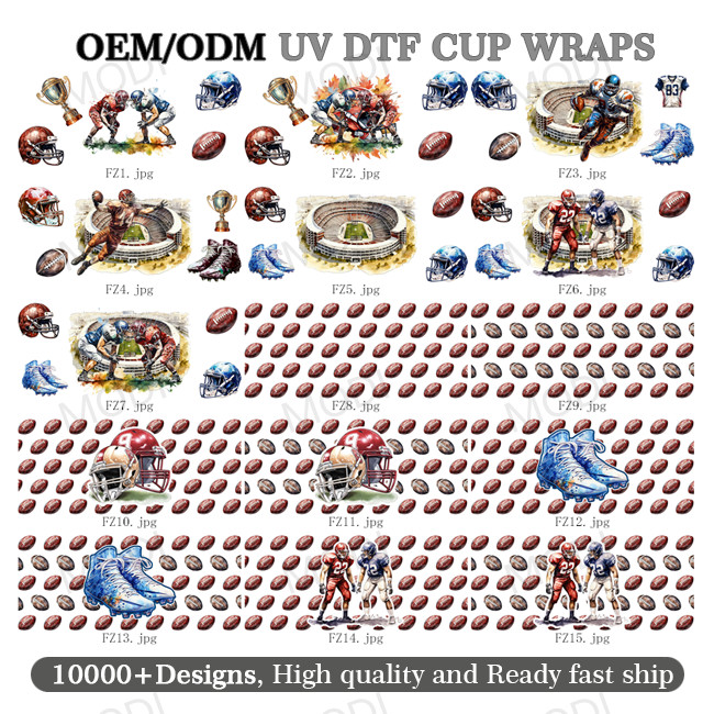 UV DTF Transfer Cup Wrap Stickers For Glass Tumblers Custom Logo Rugby Sports Balls 16Oz