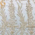 White Nigerian Wedding Dress Beaded Lace Fabric 91.44Cm Length