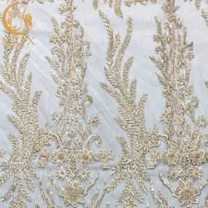 Quality White Nigerian Wedding Dress Beaded Lace Fabric 91.44Cm Length wholesale