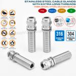 Long Thread Cable Glands IP68, Stainless Steel EN 1.4404/1.4401/1.4301, Metric