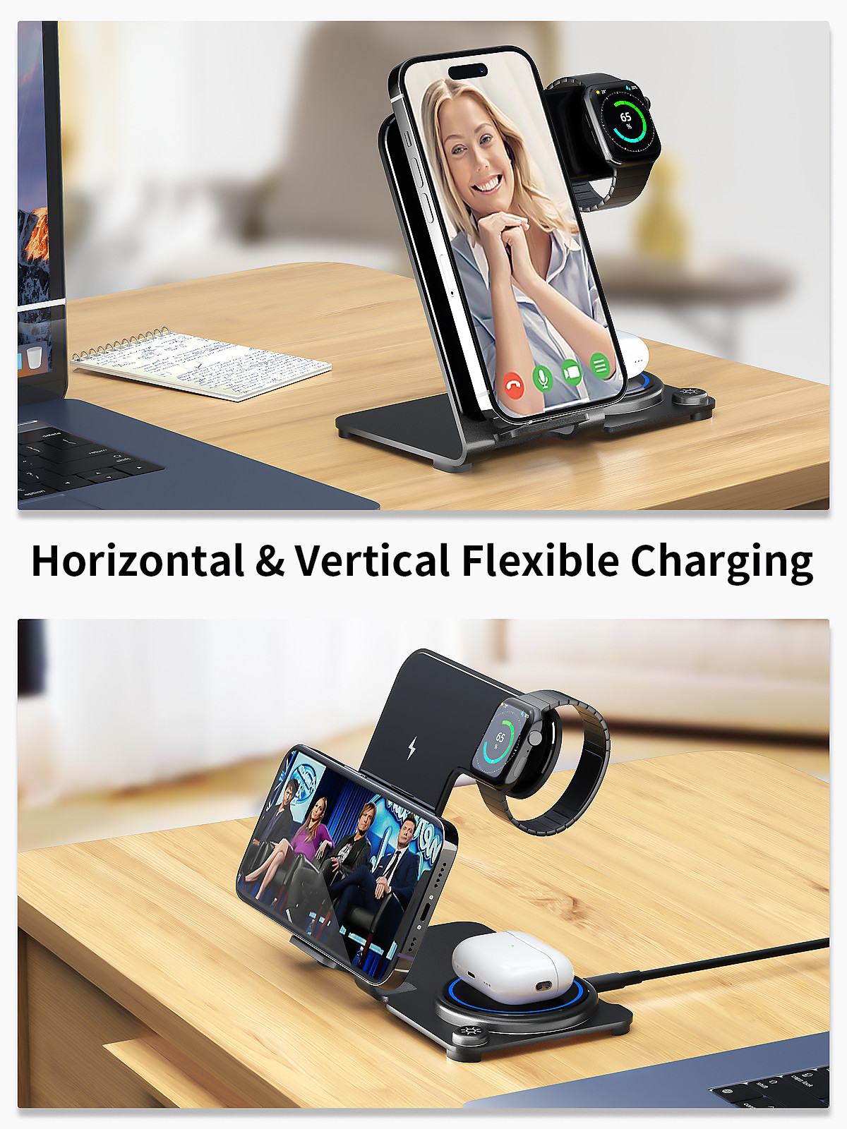 Stylish 3 In 1 Aluminum Alloy Wireless Charging Stand with High Charging Effeciency