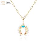 Pearl Enamel Horseshoe Pendant Stainless Steel Paperclip Chain Necklace For