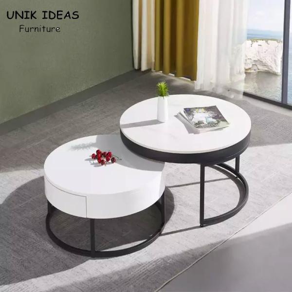 Vintage White Luxury Marble Top Coffee Table With Drawer Storage Black Steel