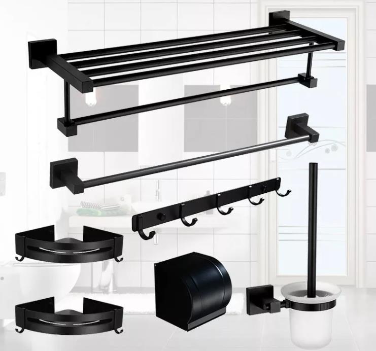 Modern Design Decor Stainless Steel Black Wall Mount Towel Rack Toilet Holder Bathroom Accessories Set Organizer