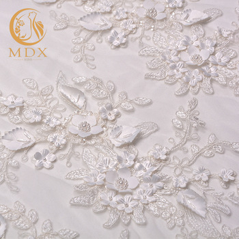 MDX Beaded White Lace Fabrics 140cm Width Luxurious With 3D Flowers