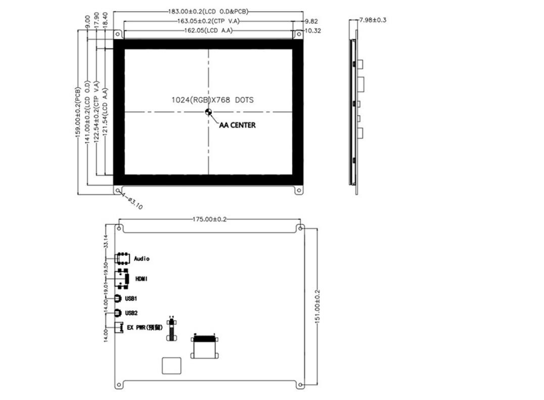 8 Inch TFT Display Module, With PCBA And Touch Panel, 1024X768 HDMI Interface 750c/D