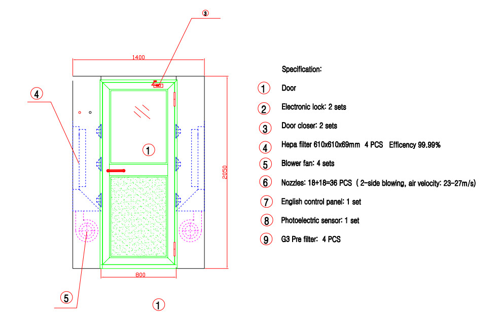 Depth 3000mm Air Shower Cleanroom With Manual Doors For Six People