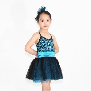 Quality Spandex Sequin Kids Dance Clothes Black Polka Dot Over Turquoise Tulle Dress wholesale