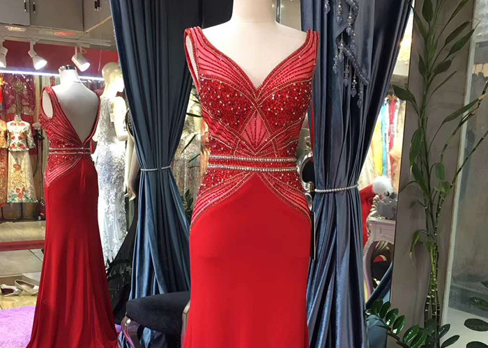 V Neck Red Lace Mermaid Prom Dress Sleeveless Sweep Train Beading Open Back