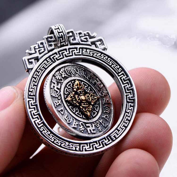 Sterling 925 Silver Vintage Buddhism Blessings Charm Pendant Necklace for Women Men (060396)