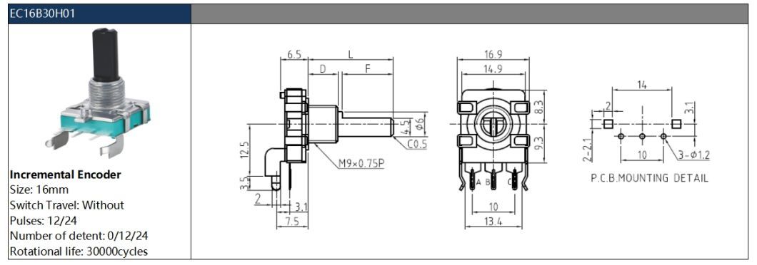 Insulated Shaft 16mm 3pin Rotary Encoder with Push Button