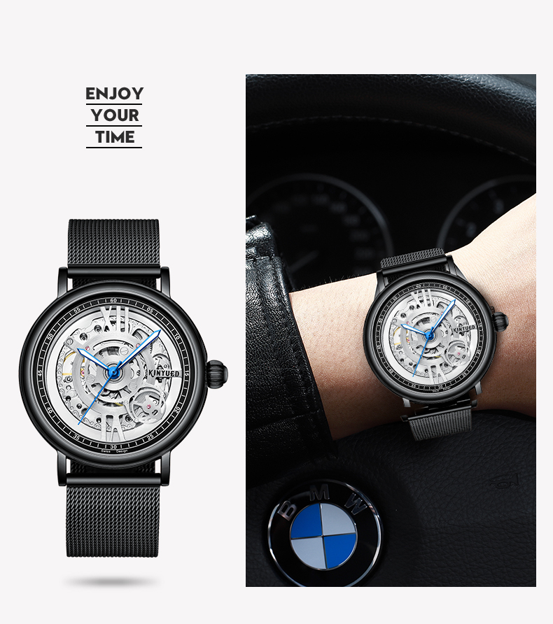 KINYUED J069 skeleton luxury leather waterproof quartz oem brand hands wristwatches custom logo wrist mens watch montre