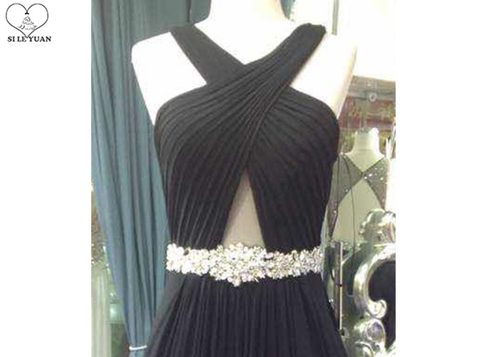 Special Pleated A Line Ball Gown , Beading Belt Sleeveless Sexy Black Prom Dress