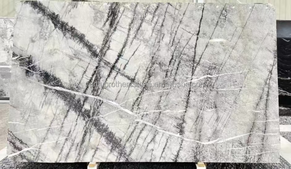 Italian Natural Stone Silver Fir Black Grey Look Marble Textured Slab for Home Wall Panel