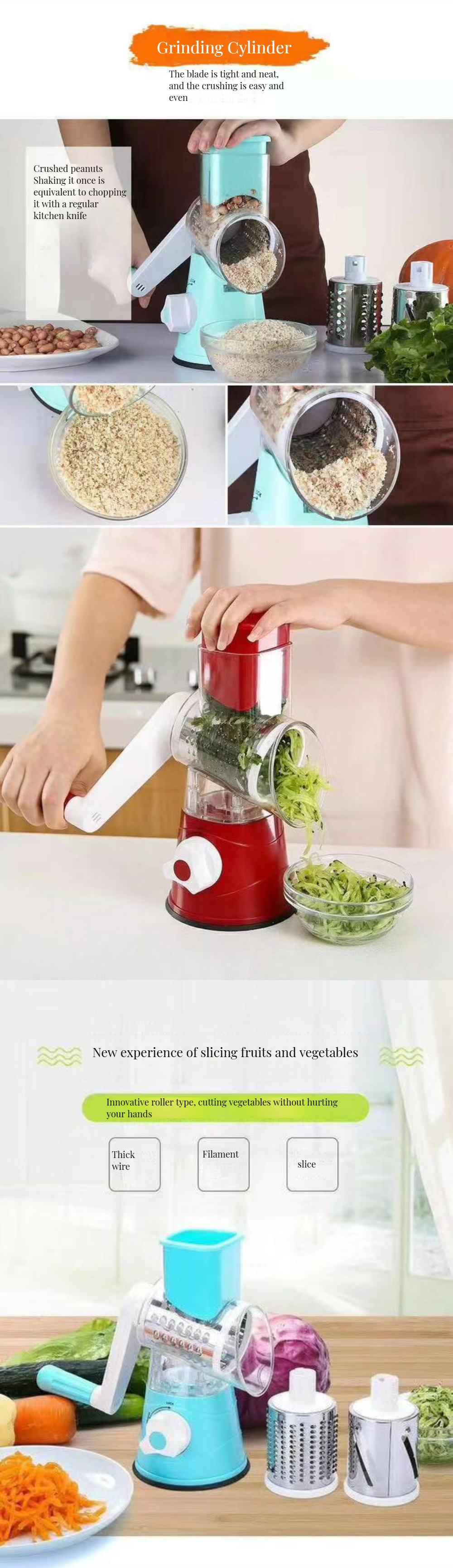 Super Markets Multi-functional Vegetable Cutter Hand Rotary Grater 3-in-1 Drum Cutter