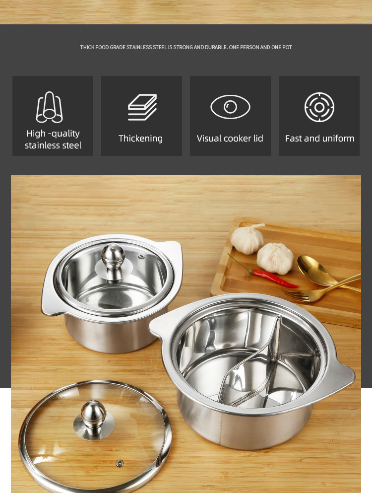 New Design Silver Kitchen Small Stock Pot Stainless Steel Shabu Shabu Induction Hot Pot With SS Double Ear Handles