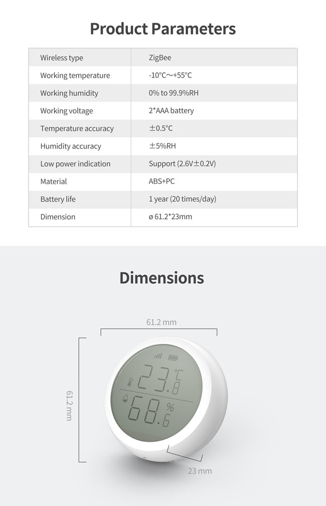 LCD Screen Zigbee Temperature Humidity Sensor 2.6V Tuya Zigbee Thermometer