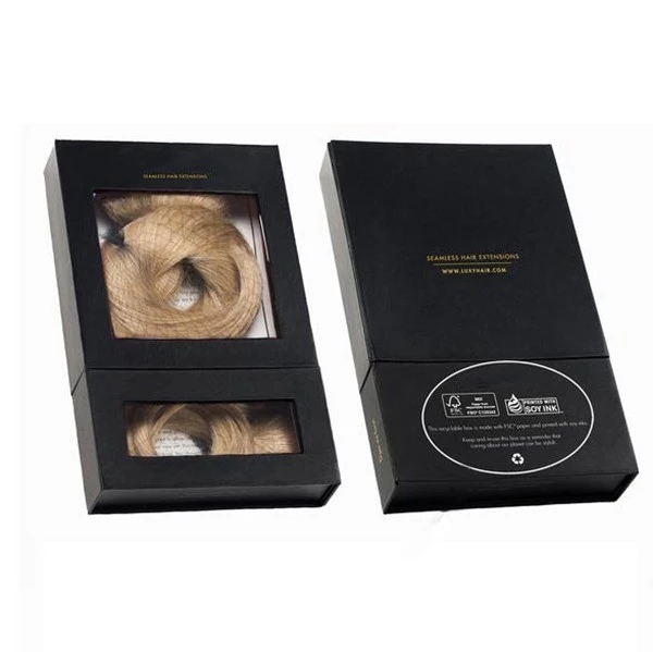 Custom made matt black paper gift two clear window packaging box for hair extension package
