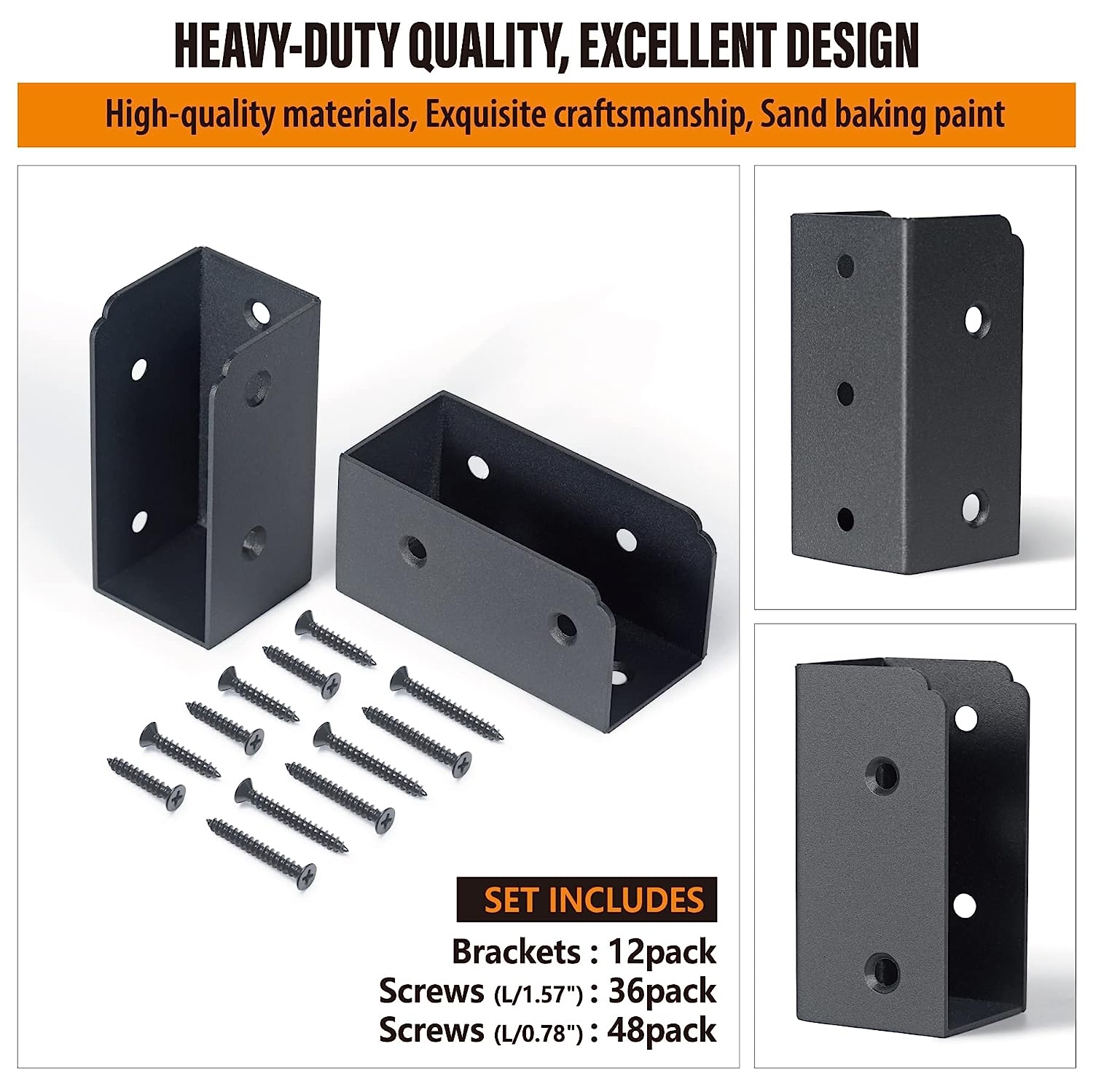 Steel Deck Railing Brackets Connectors for 2"x4" (Actual 1.5"x3.5") Railing Wood Post (Black)