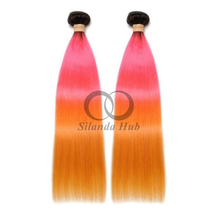 #T1B/Pink/Orange Straight Remy Human Hair Bundles Sew In Weave Bundles Brazilian Bundle Deals