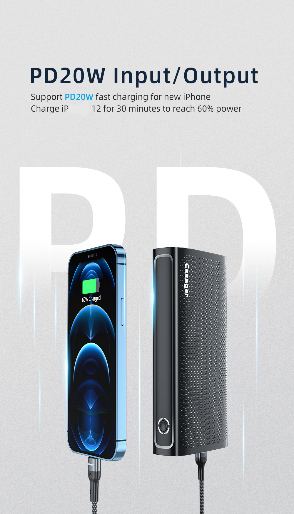Portable 30000 MAh Power Banks Supporting 22.5W Fast Charging 3 Input Output