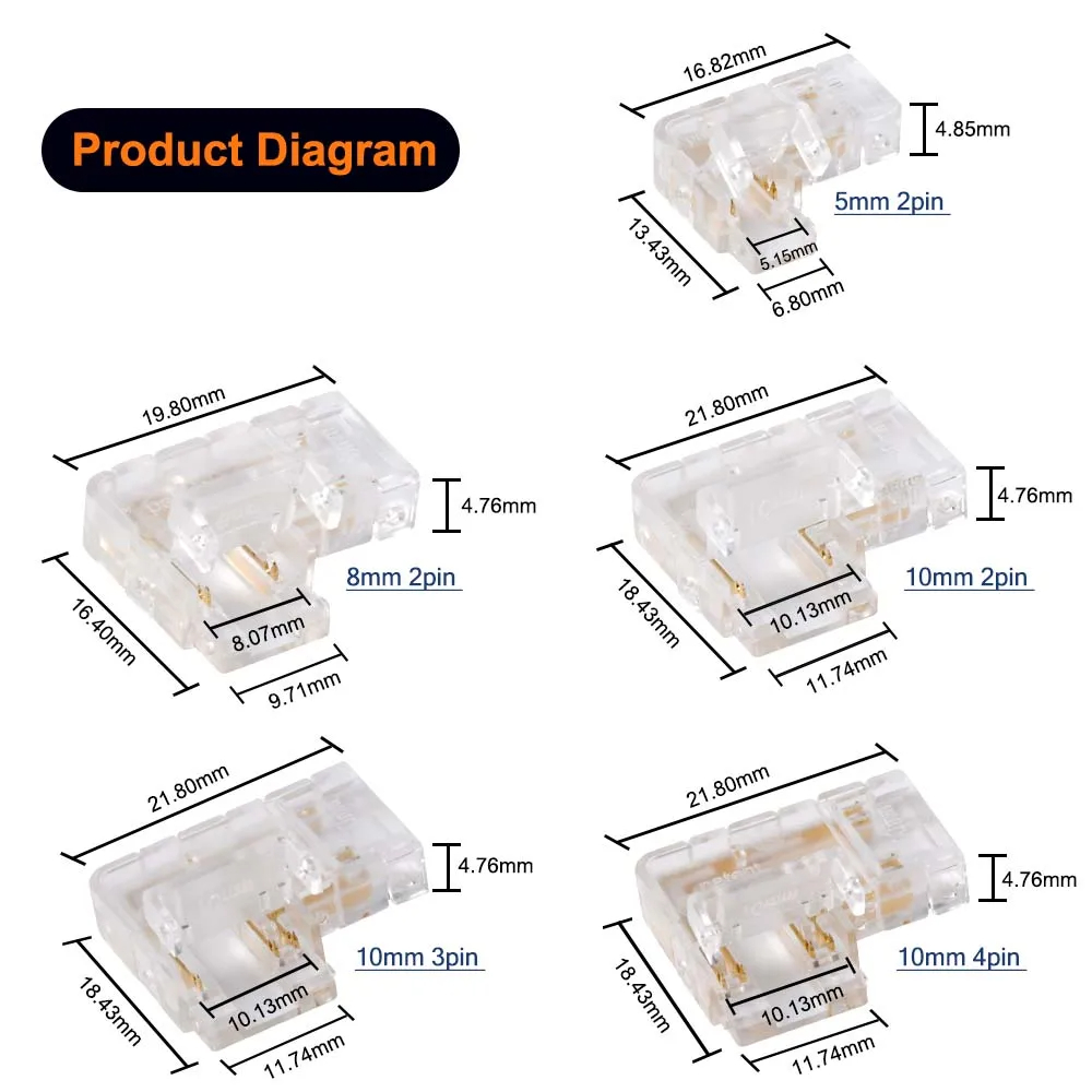 Transparent 2pin 8mm 10mm Crystal Clip Wire L Type COB LED Strip Connector L Shape 90 degree angled connector