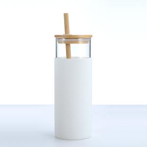 Quality Food Grade White 20 Oz Glass Tumbler With Lid Silicone Protective Sleeve Bamboo Lid Glass Water Bottle For Both Hot And Cold Beverages wholesale