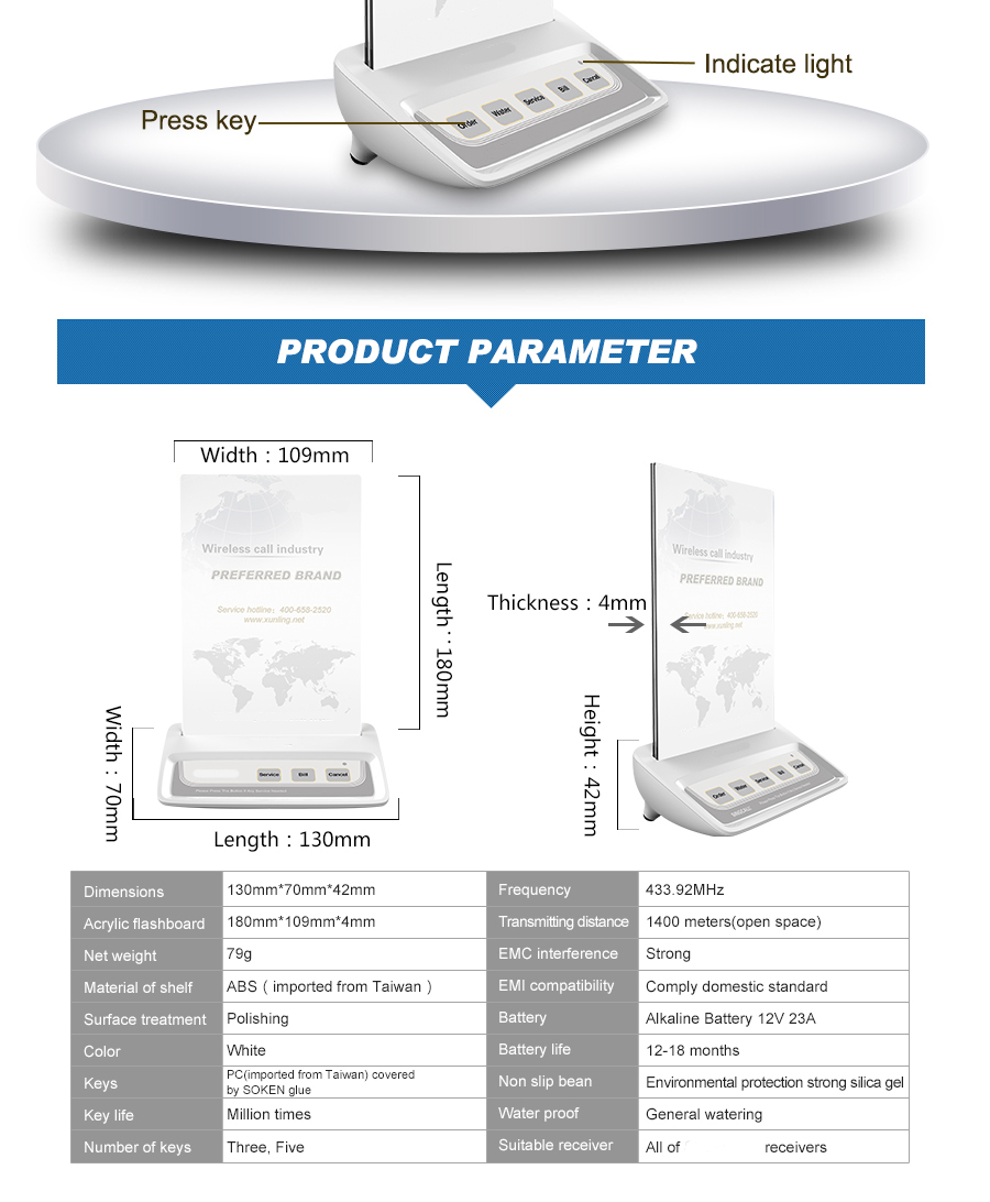wireless advertising buttons for guests call waiters service/bill/cancel other label customized