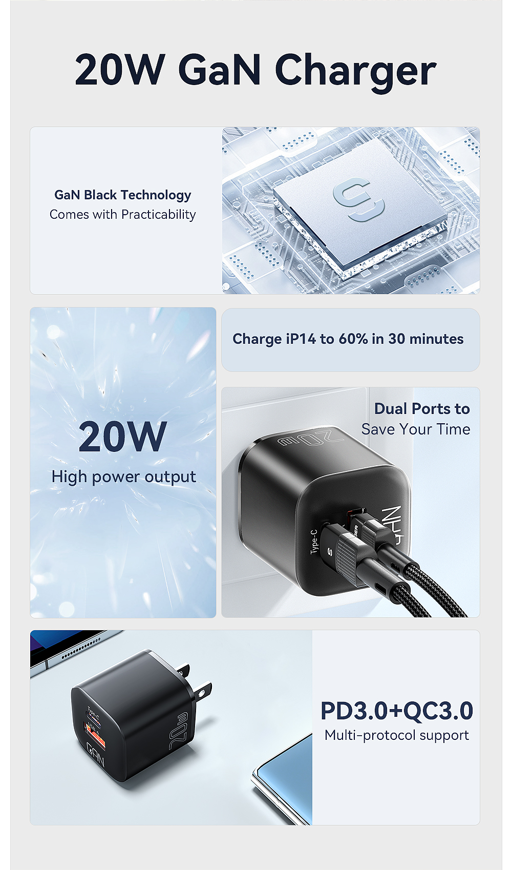 PD3.0 QC3.0 GaN Chargers USB A Type C USB C Phone Charger 20W ES-CD31 Series