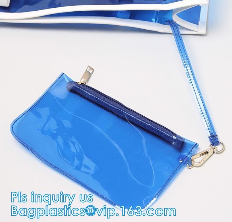 PVC Tote Shopper Square Handbag Ladies Shoulder Beach Bag, pvc waterproof shoulder beach bag with two bags, handle shoul
