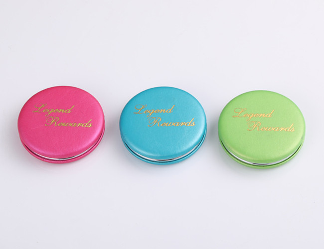 Foldable PU Promotional Compact Mirrors Gold Stamping Pocket Makeup Mirror