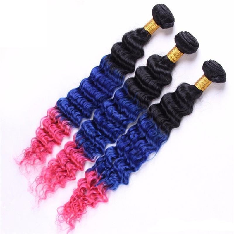 #T1B/Blue/Pink Deep Wave Remy Human Hair Bundles Sew In Weave Bundles Brazilian Bundle Deals