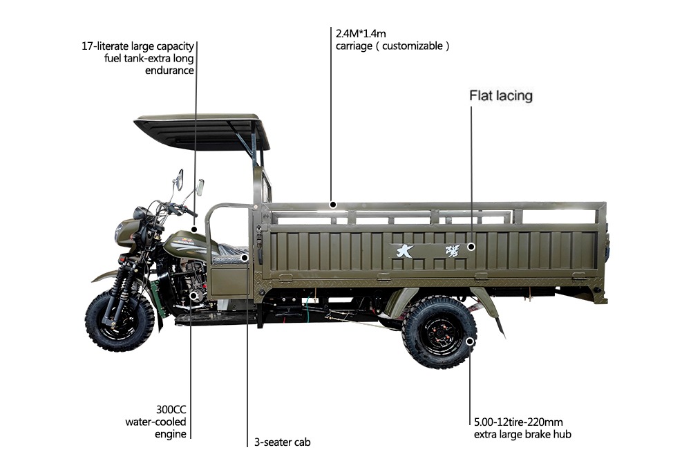 Open Body Type 12V Construction Dump Tricycles Cargo Three Wheel Tricycles Gasoline Passenger Tricycle