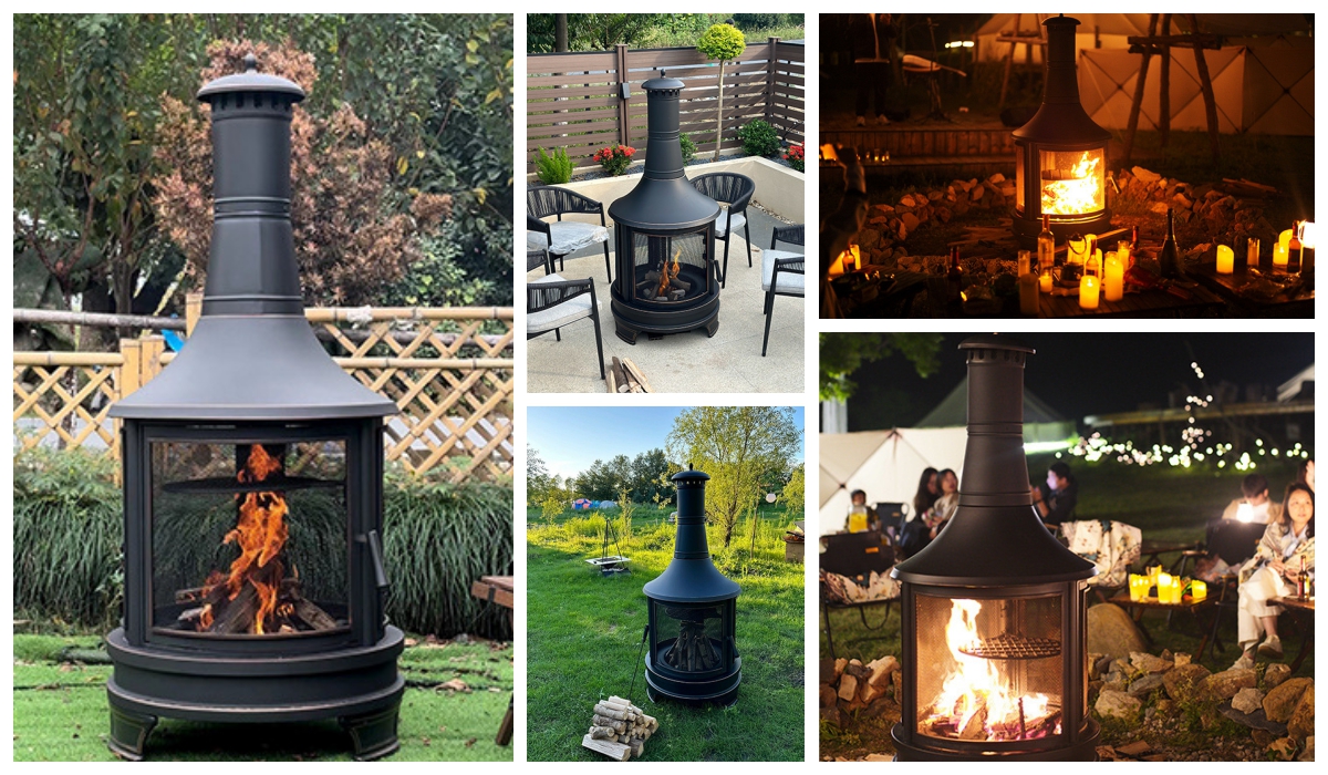 Long chimney wood burner stove display