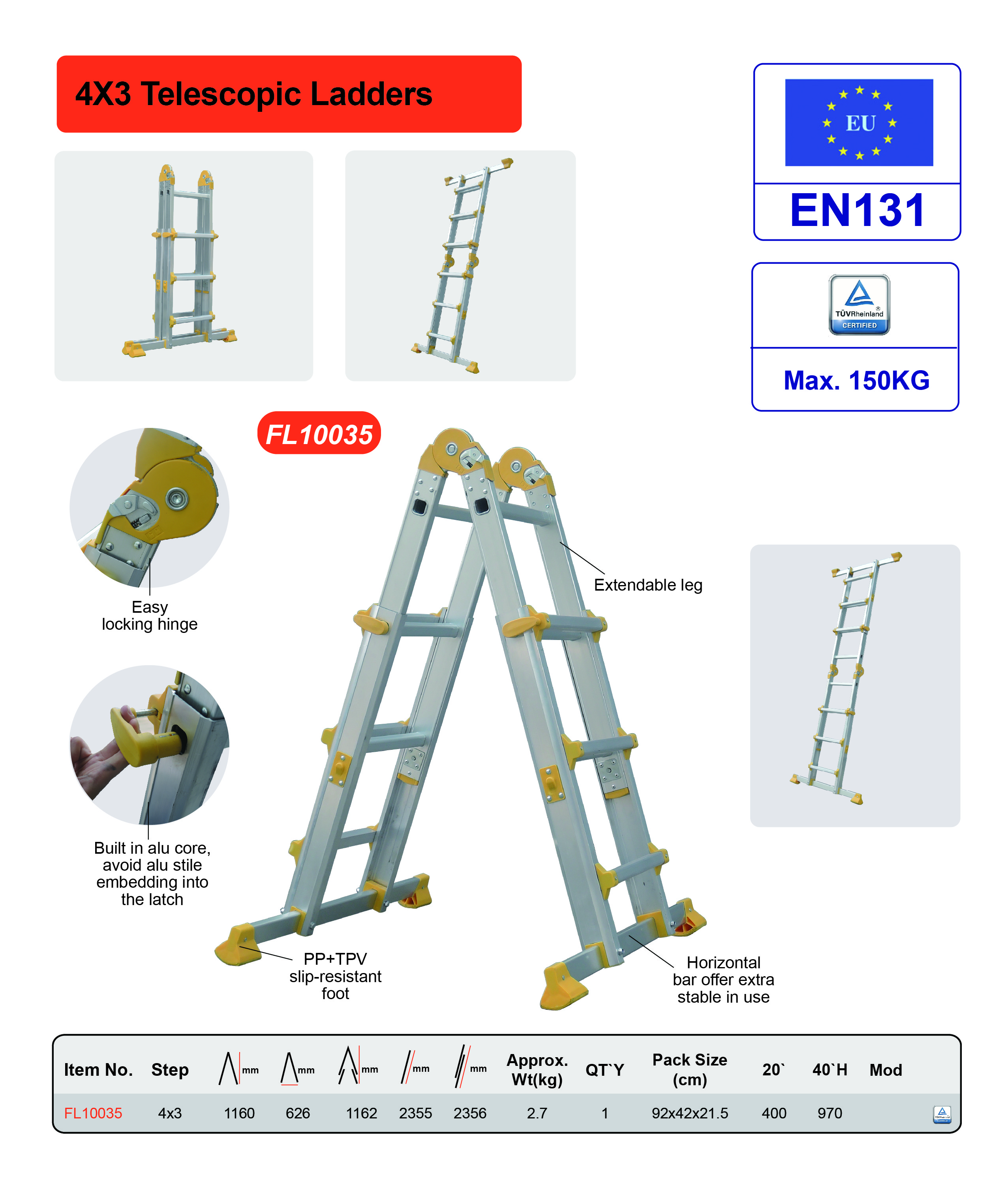 3 Steps Foldable Aluminum Ladder Corrosion Resistant 4x3 Long Life Span