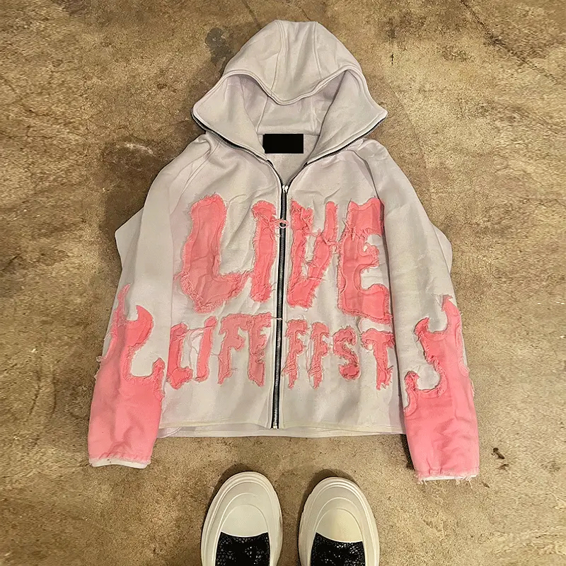Streetwear Distressed Applique Embroidery Hoodie Cut Edge Distressed Cropped Hoodie