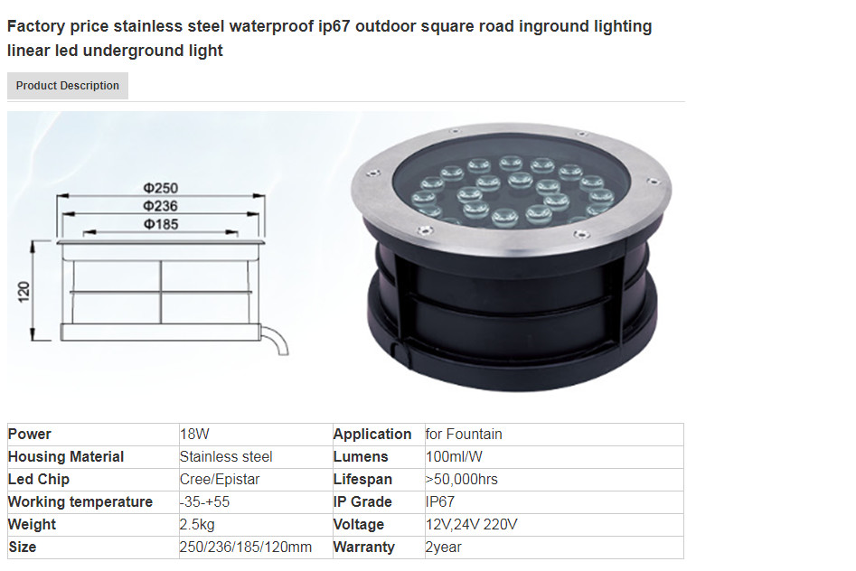 250mm Diameter 18W LED Underground Lights For Road