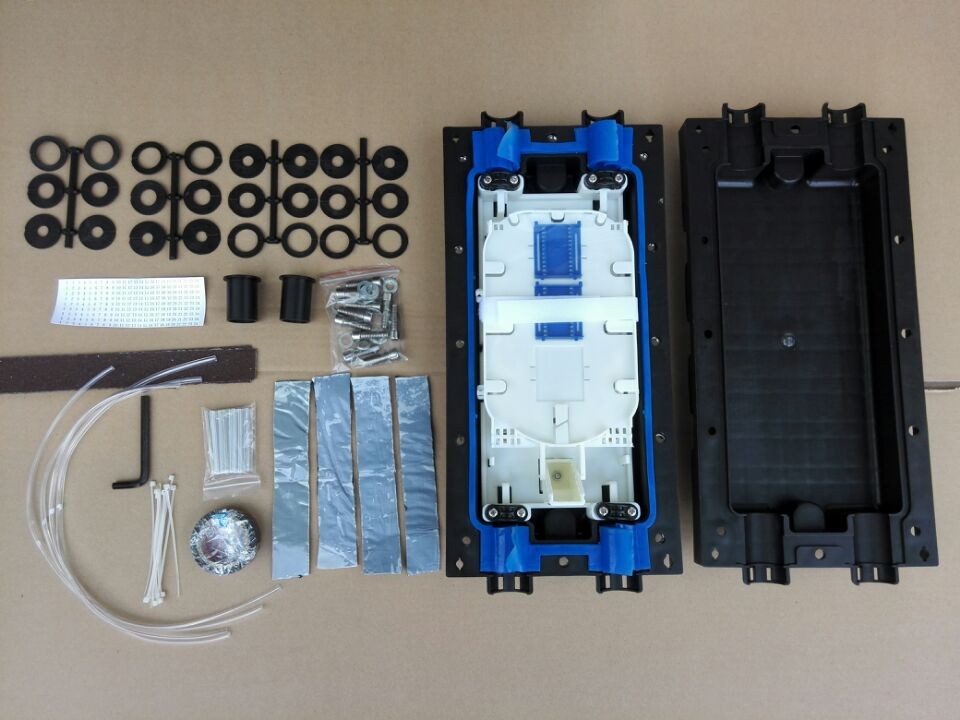 Quick Detail:   High quality horizontal type optical fiber closure from China supplier. Inline type,max for 2 cables inlet and outlet,max 4 trays&144 cores, featuring max 24 pcs adapter ports in FTTH architectures.The closure can be used in direct buried,manhole,aerial,pipeline..etc   Two cable ports in every side.Max 4 trays&144 cores.Made by PP and ABS material.Fiber optic adaptors can be installed inside,used in FTTH and other newwork projects. 2in and 2 out   Description:   1. Protection grade:IP68 2. Material:PP,ABS(first hand raw material) 3. Number of cable ports: 2 in and 2 out 4. Maximum Trays: 4 trays 5. Maximum Cores:144(singlel core) 6. Dimension (HxD): 7. Package material:Carton 8. Weight:2.5-3.0Kg 9. Cable diameter range: 10. Sealing way of cables:Mechanical seaing by rubber 11. Quality warrenty:2 years 12. Life span:more than 25 years   Applications:   FTTH project,direct buried,manhole,aerial,pipe line..etc   Specifications:   Model	No.of ports	Cable range	 Max trays  	Max Capacity	Dimensions GJS20-HM01A-36core/tray	2 in and 2out	8~28	4	144	390X198X96     Competitive Advantage: 1.	Easy & fast installation with no special tools. 2.	Superior sealing performance(free sample for testing) 3.	The closure can be repeatly used many times. 4.	Enough space for surplus fibers inside the closure 5.	Flexible branching for fibers 6.	loose leaf type of splice tray fixing,easy operation 7.	Modular fiber management system  