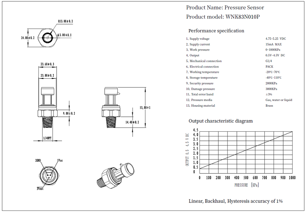 Brass Miniature Pressure Sensor For Liquid Level Measurement IP67 standard