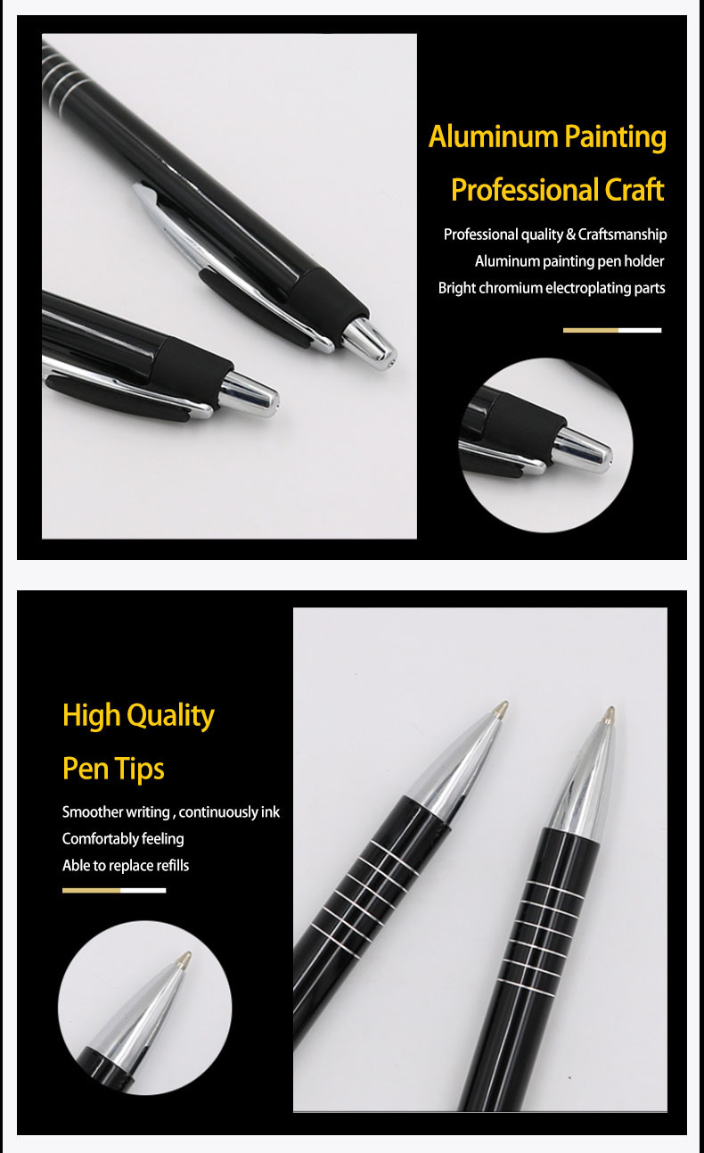 Press Type Aluminum Barrel Ball Pen Business Office Metal Retractable Ballpoint Pen