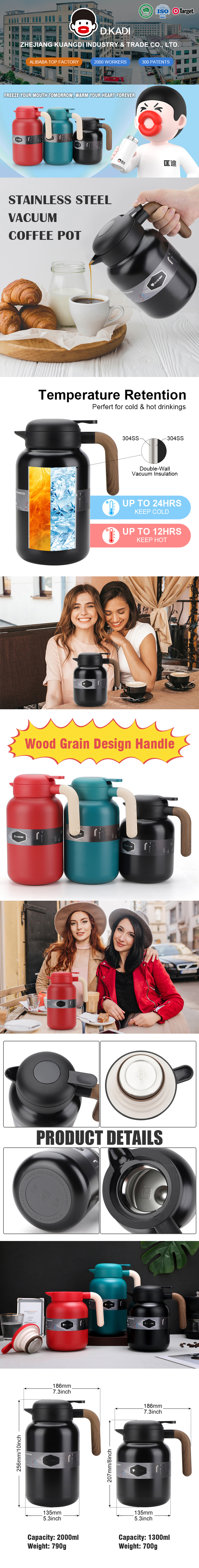 1300ml 2000ml Double Wall Stainless Steel Vacuum Insulated Coffee Carafe Thermos Hot Water Tea Pot