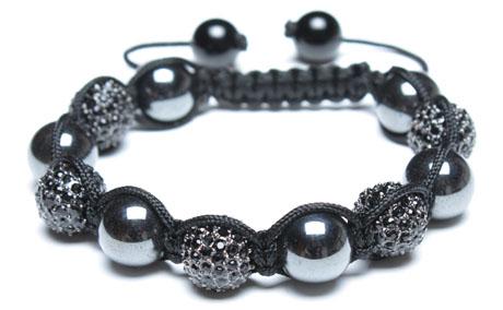 Adjustable Shamballa Bracelet, Magnetic Hematite Faceted Rounds/Black Rhinestone
