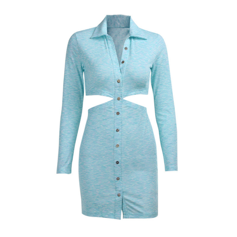 Single Breasted Sexy Ladies Long Sleeve Dress Slim Waist Cutout V Neck