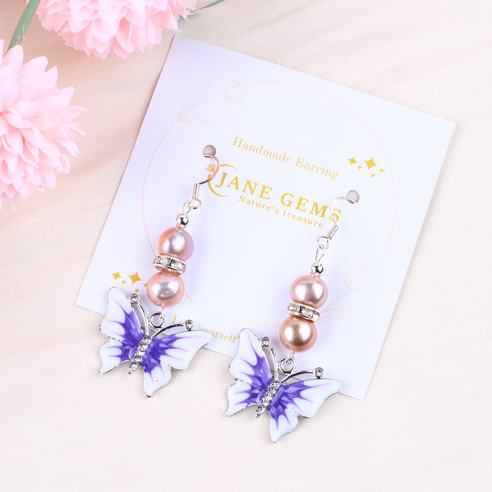 9MM Purple Baroque Fresh Water Pearl Earrings With Butterfly Charm