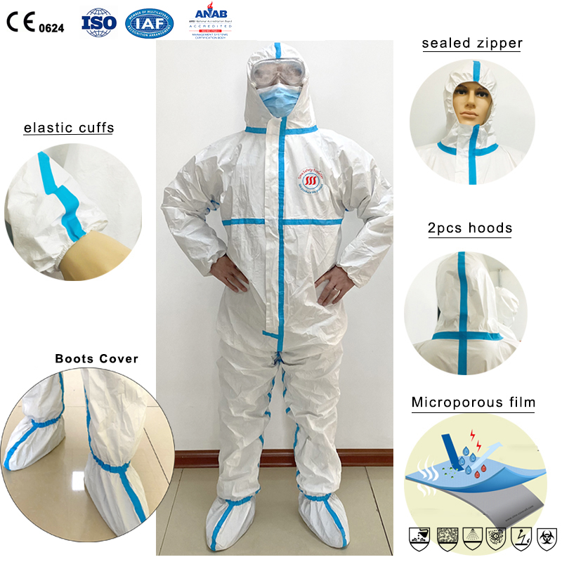 Non Woven Type 4 5 6 Hooded Microporous SF Disposable Protection Clothing With Boots
