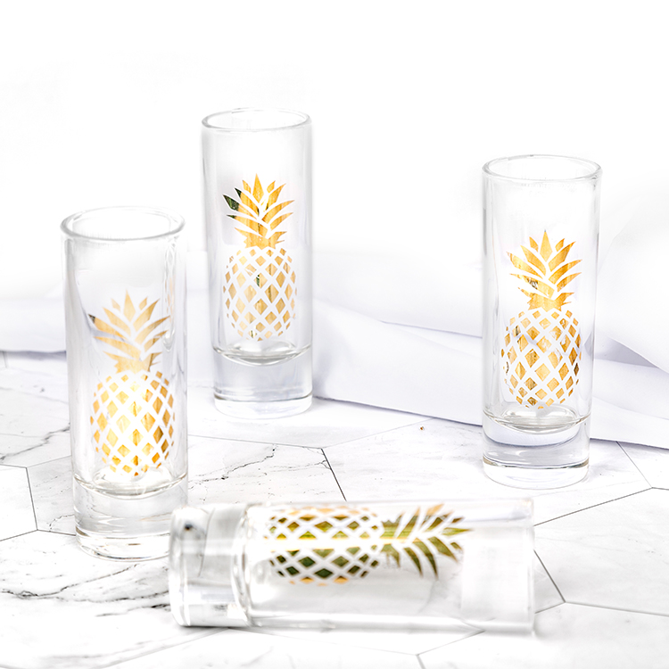 Wholesale Factory Price 60ml Transparent Shot Glass With Decal Gold Pineapple
