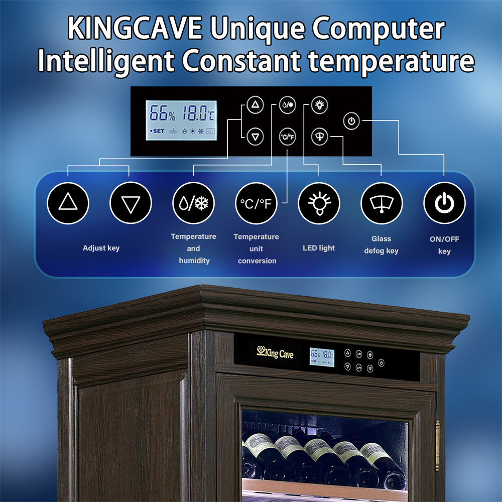 Classic Dark Brown Wood Wine Cooler With Touch Control Panel And Locker