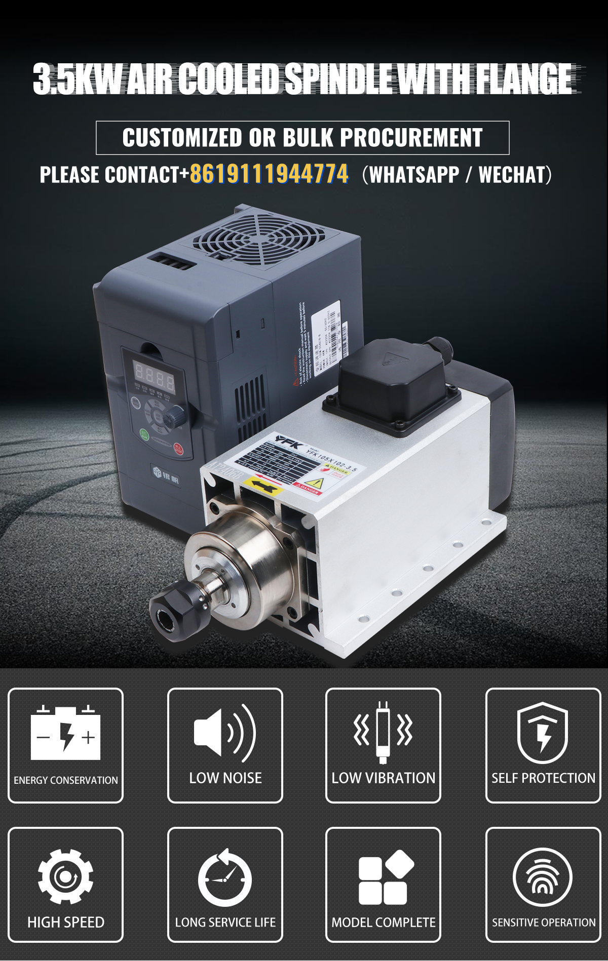 High Speed 3.5KW 18000rpm Air Cooled Square Spindle Motor Kits 220V 380V 4bearings 300HZ